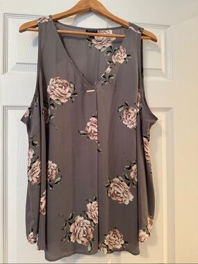torrid Gray Floral V-Neck Sleeveless Camisole with Pink Blooms
